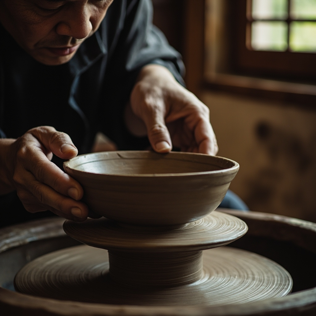 Jianzhan craftsman shaping a bowl on a pottery wheel in traditional workshop