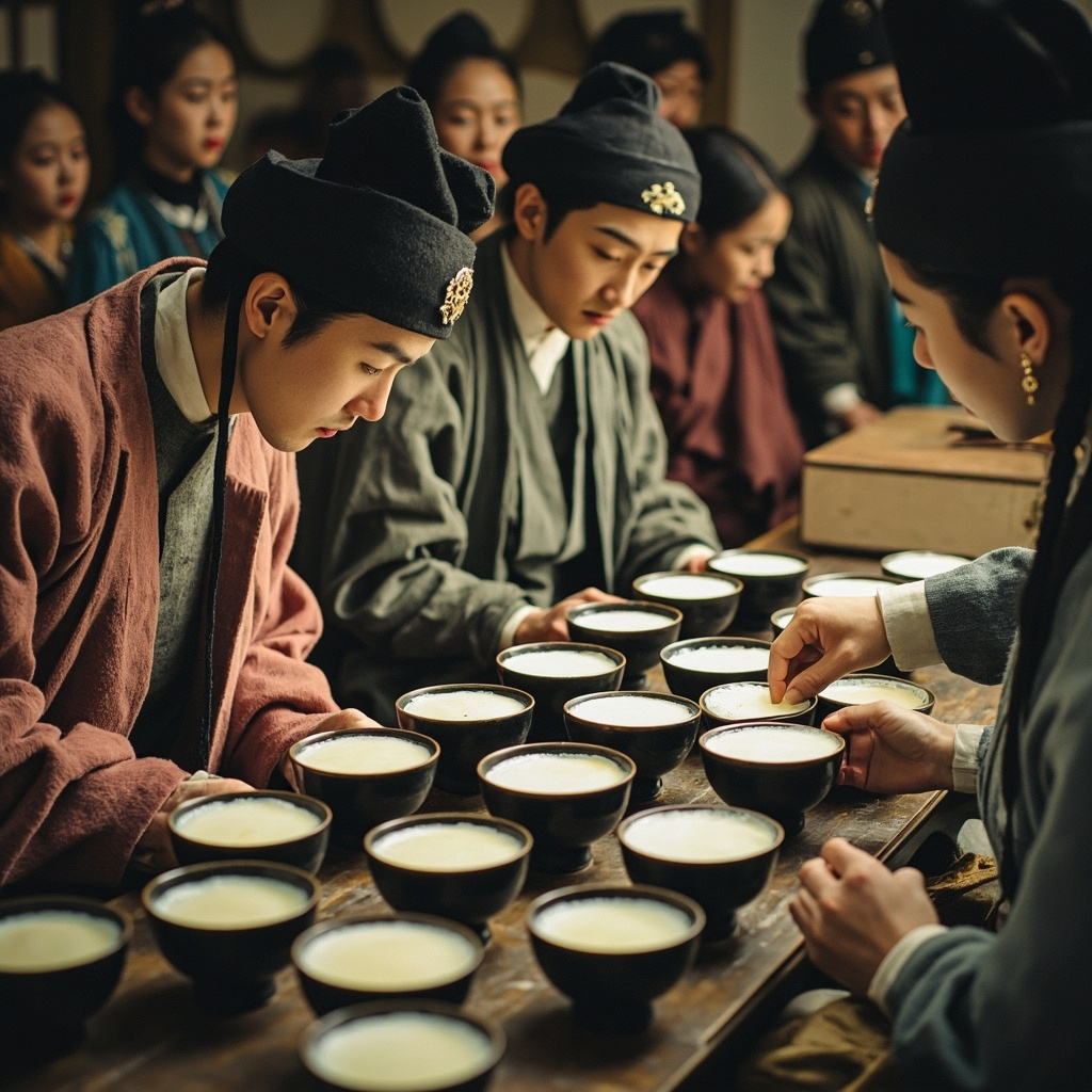 Song Dynasty scholars competing in doucha tea competition with Jianzhan bowls