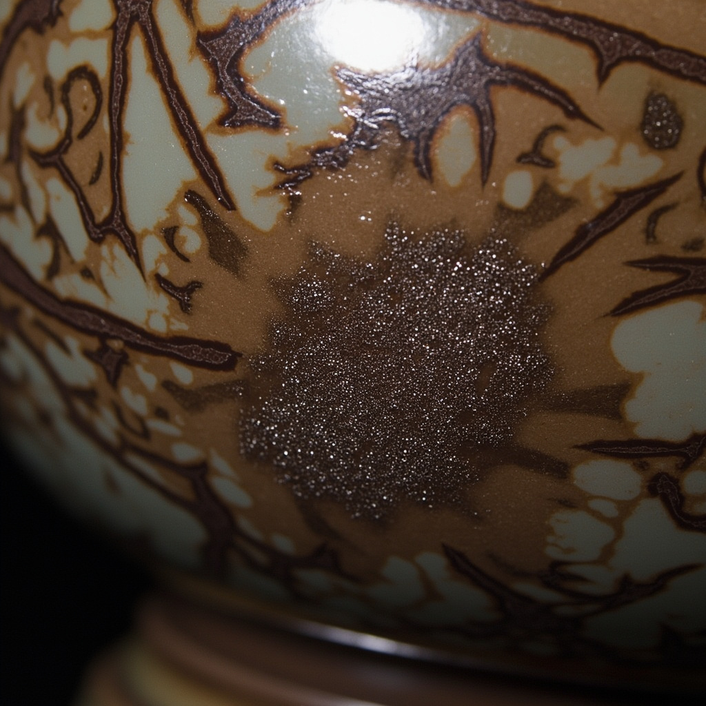 Close-up of Jianzhan glaze showing crystal formations and rich surface texture