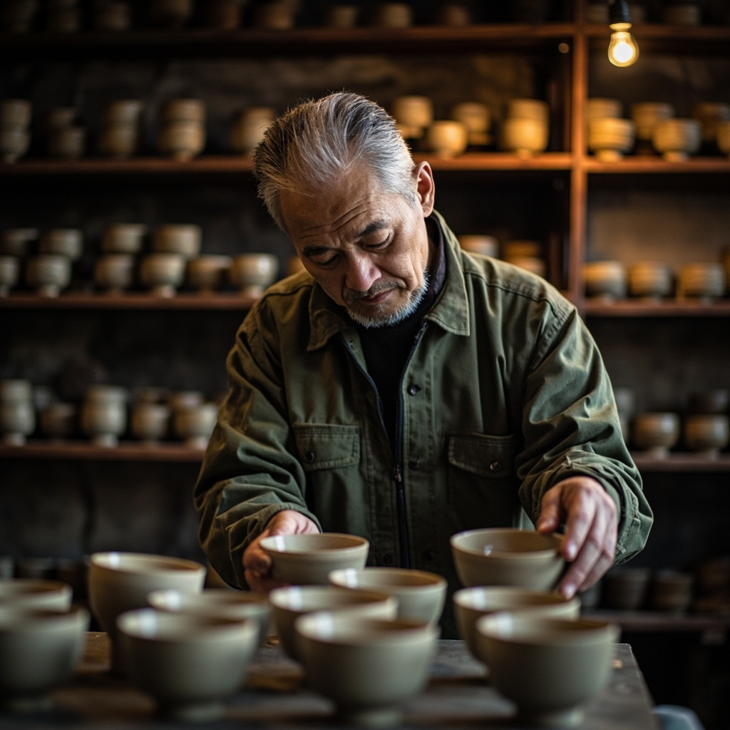 Modern Jianzhan master craftsman inspecting tea bowls in a Jianyang workshop