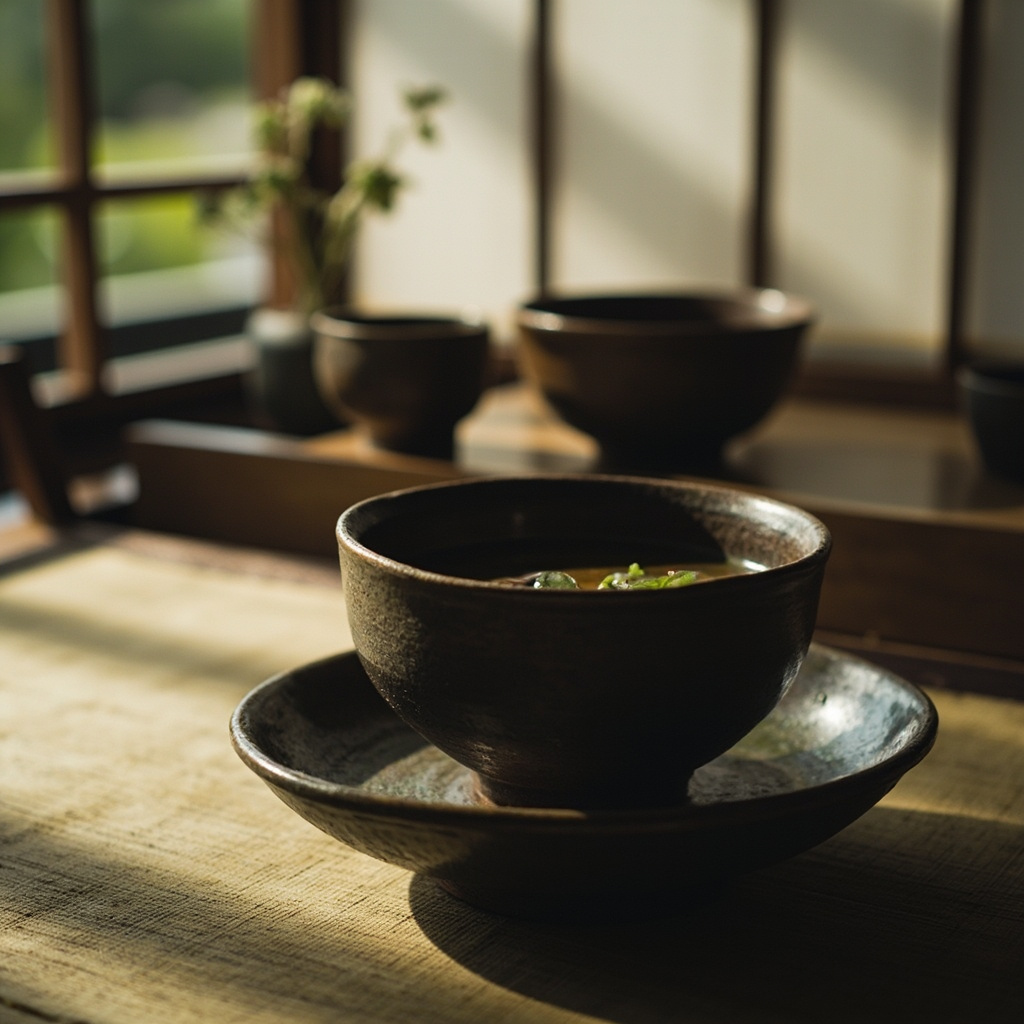 Japanese tea ceremony with Tenmoku Jianzhan bowl, tatami room, matcha preparation