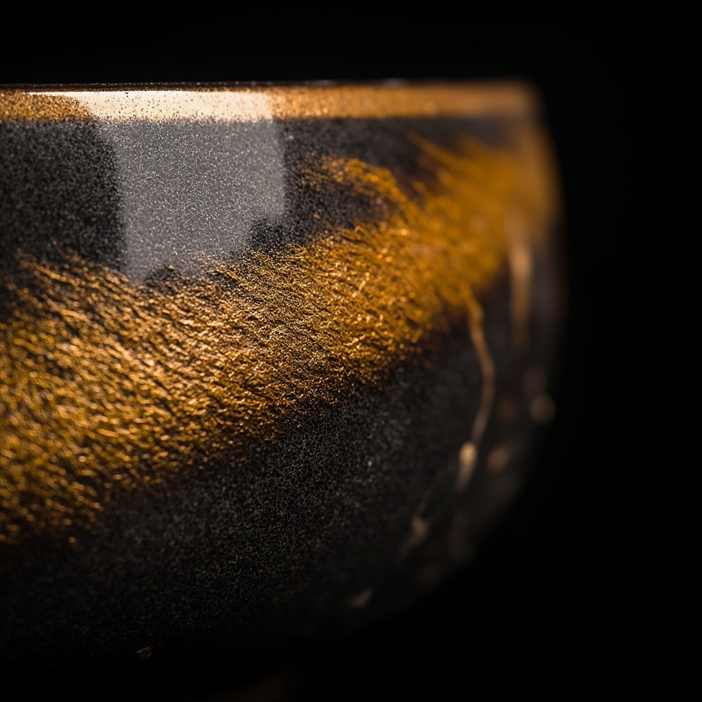 Jianzhan rabbit fur glaze pattern close-up, golden brown streaks on black