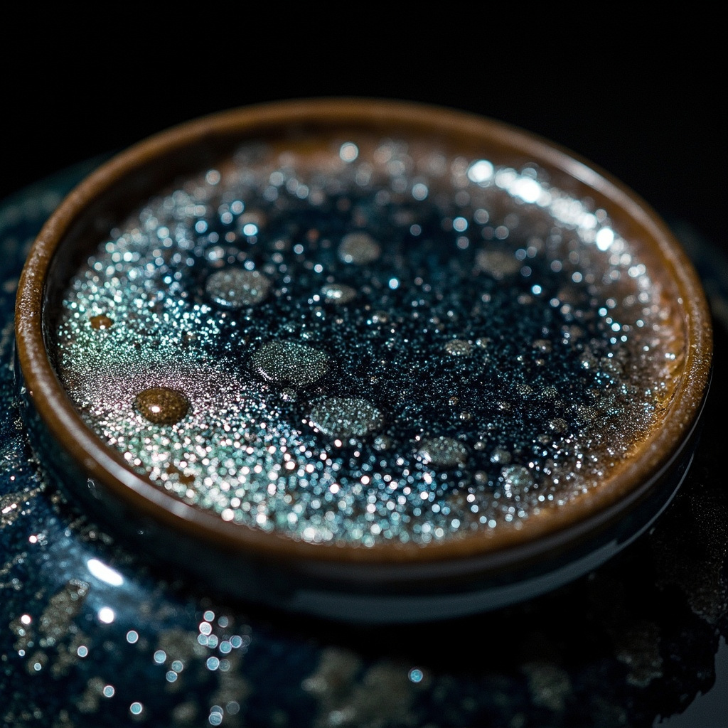Jianzhan oil spot glaze close-up, silvery droplets on dark glaze surface