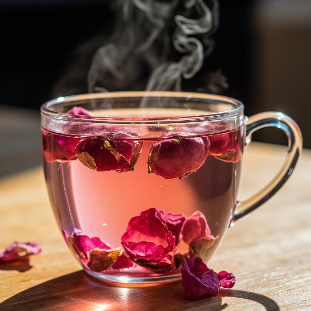 Rose tea with lemon slice in glass